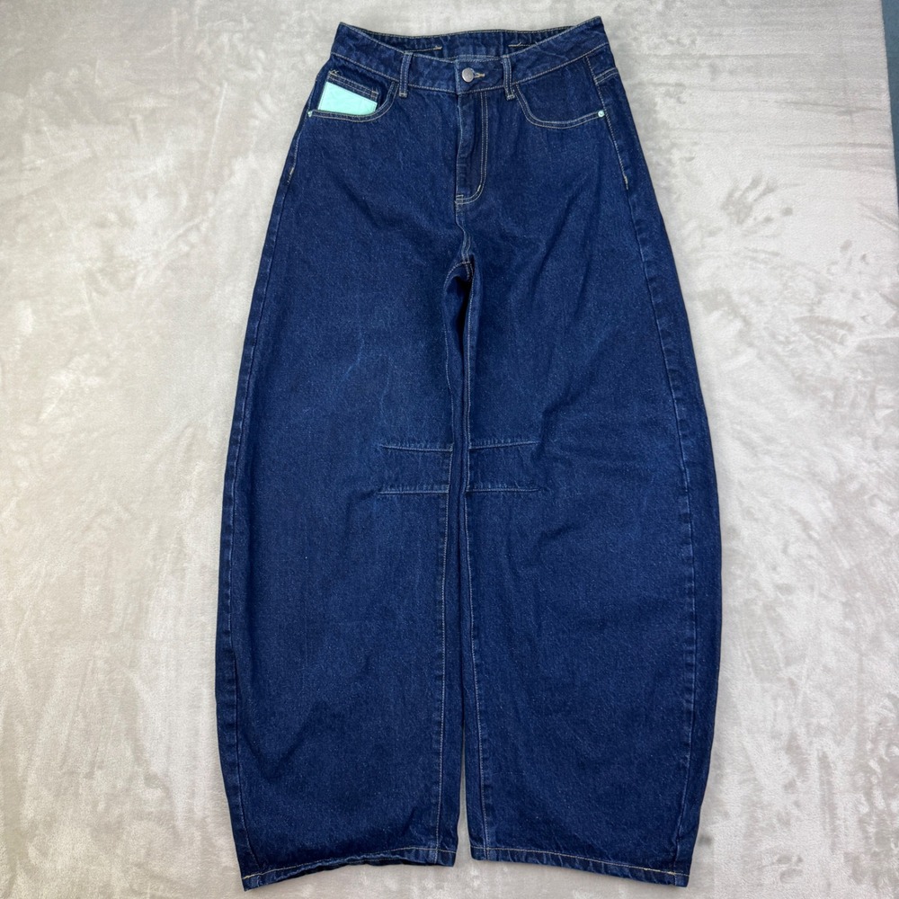 KZN Barrel Leg Jeans Womens 27 Blue Wide Leg Fit Streetwear Y2K Baggy Indigo